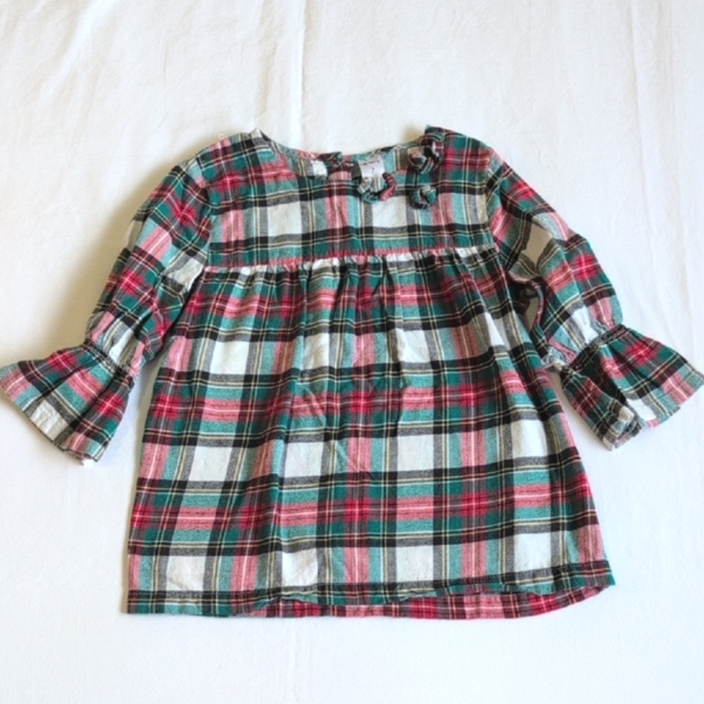 carters christmas plaid cotton flannel bell sleeve blouse size 7 girls